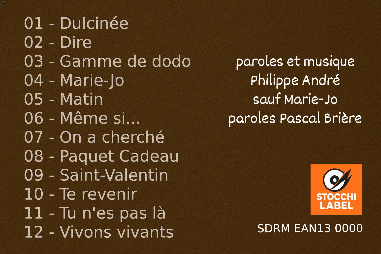 Verso de la pochette de l'album Liam chante Philippe André : liste des 12 titres et crédits